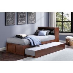 Brand new brown twin bookcase bedframe with twin trundle(41" x 88.5" x 37.5"H)