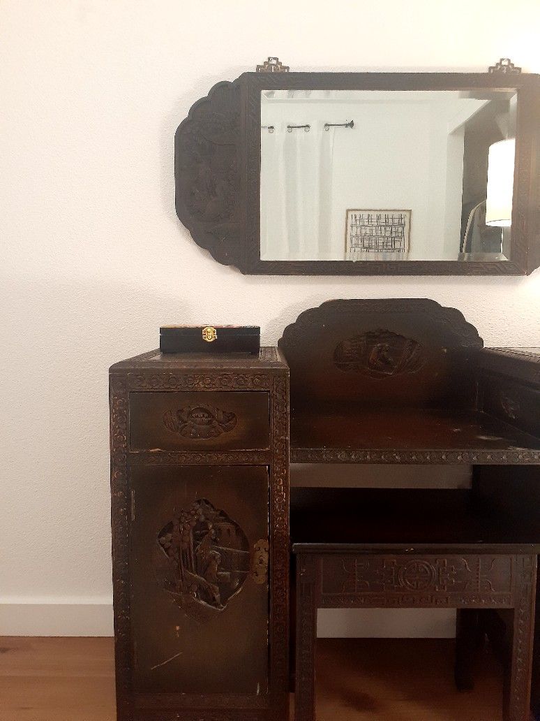 Antique Asian Carved 3 Pc Dresser