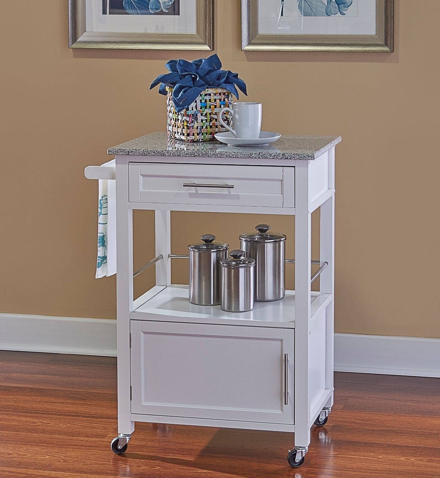 Linon Mitchell Kitchen Cart with Granite Top, 36 inches High DESCRIPTION: Perfect for adding extra storage and work space Spacious drawer, cabinet are