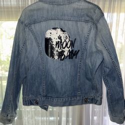 Light Wash Denim Jacket – Custom Moon Design (Size S)
