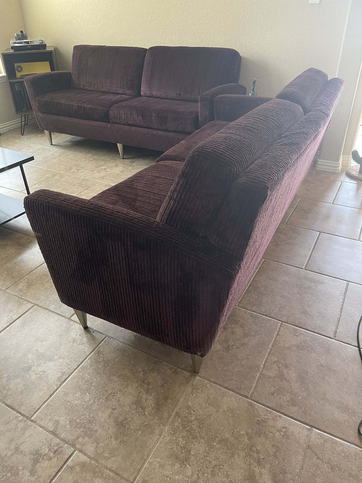 Two Purple Corduroy La-Z-Boy Sofas 