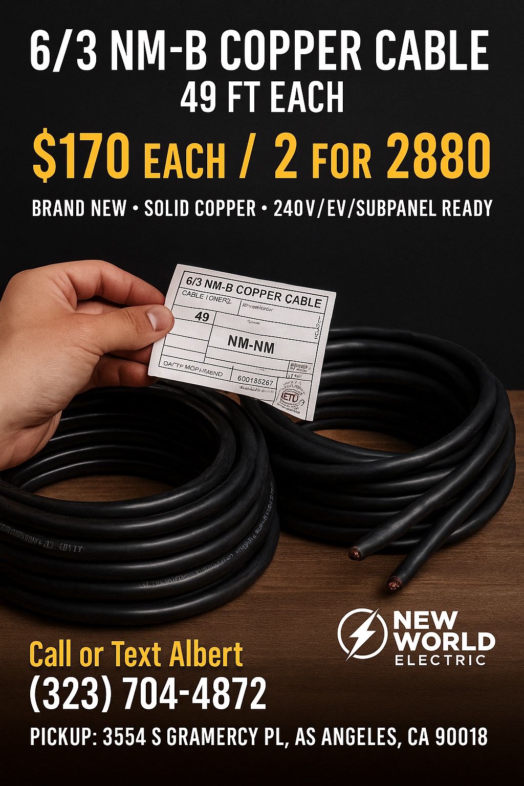 🔥 6/3 Copper Wire – $170 Each or Bundle 2 for $280 – Brand New