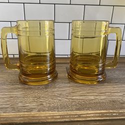 2 MCM Beer Steins Vintage Set Heavy Yellow Glass Mugs Honey Amber Colored Retro Pair 