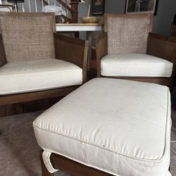 Pair of Crate & Barrel Blake Grey Wash Rattan Chairs + Ottoman