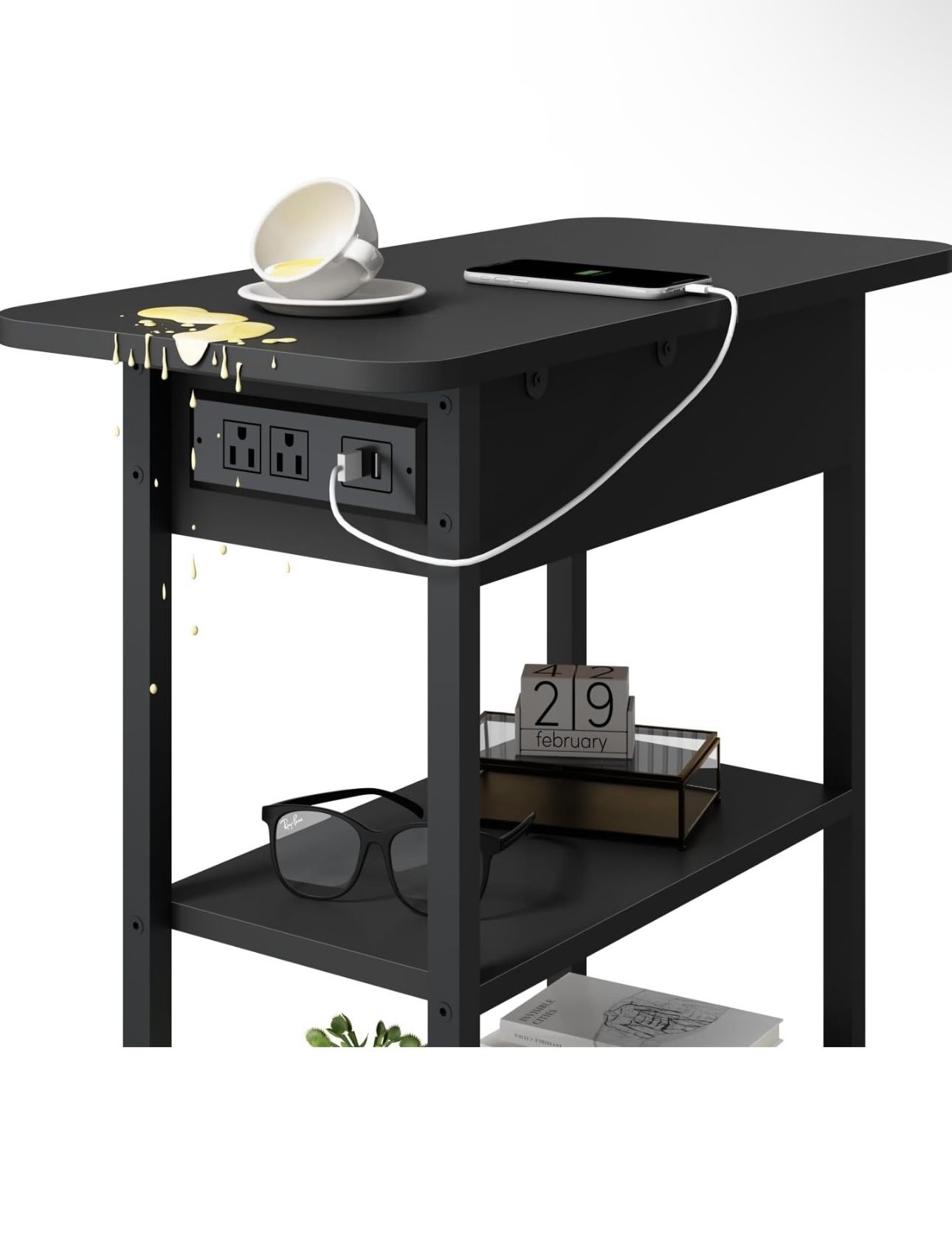 End Table with Charging Station, Flip Top Side Table