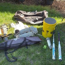Assorted Softball Gear And Gear Bag
