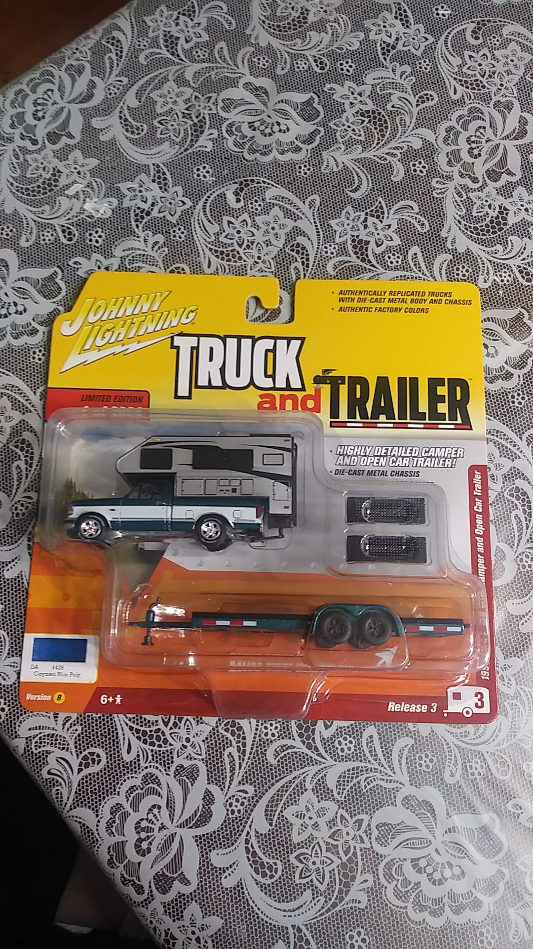 Johnny Lightning 1993 Ford F-150 with Camper and Open Car Trailer