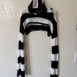 Social Collision Emo Black & White Striped Acrylic Top Long Sleeve Hoodie Sweater Size M