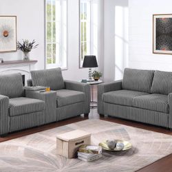 Brand New Gray Grey Fur like Corduroy 2 Piece Sofa Set 