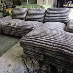 Brand New Lifestyle Cord Grey Oversized 2pc Lounge Sectional w Sleeper & Cupholders