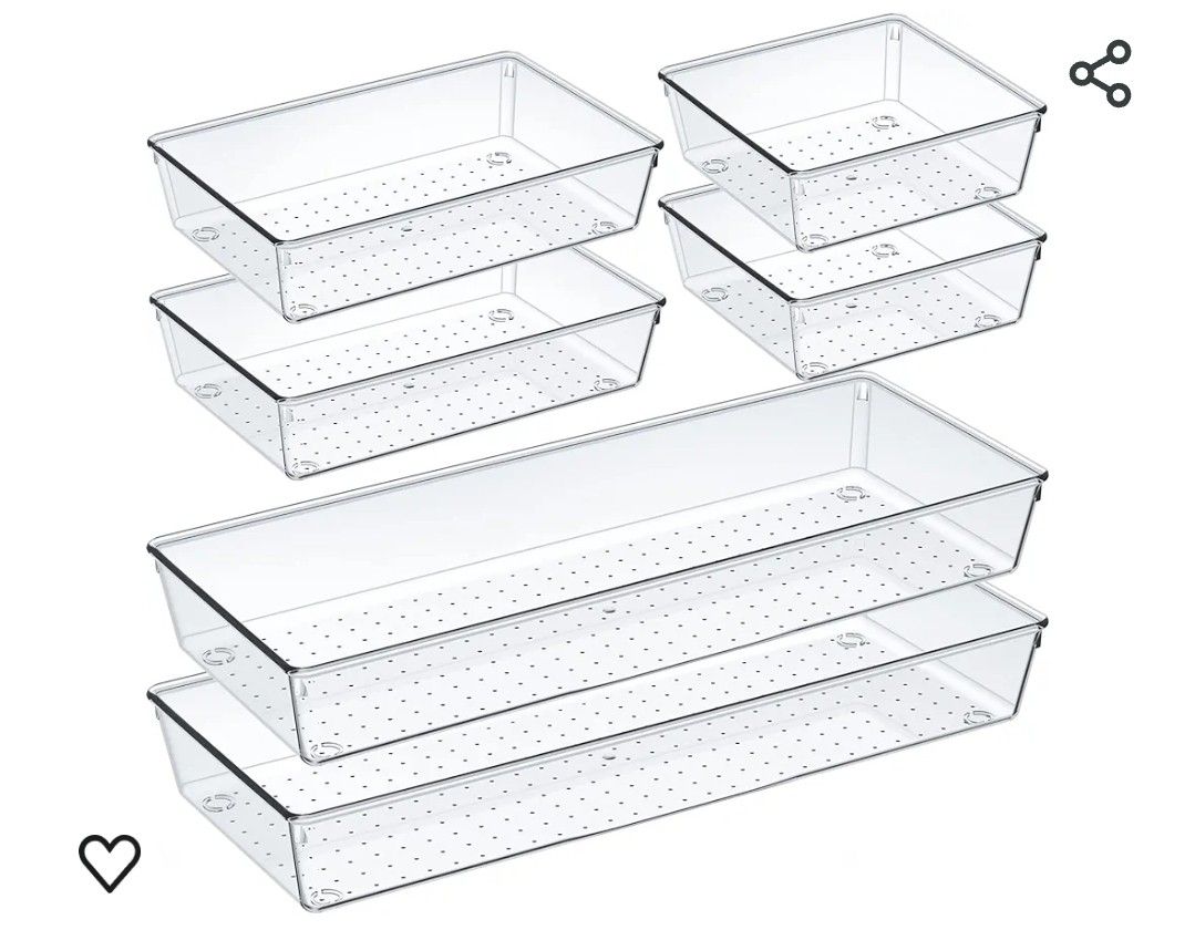 
6 Pack Clear Plastic Drawer Organizer Set, Acrylic Non Slip Non Cracking Kitchen Drawer Storage Tray Large Size Divider, Multifunctional Storage for 