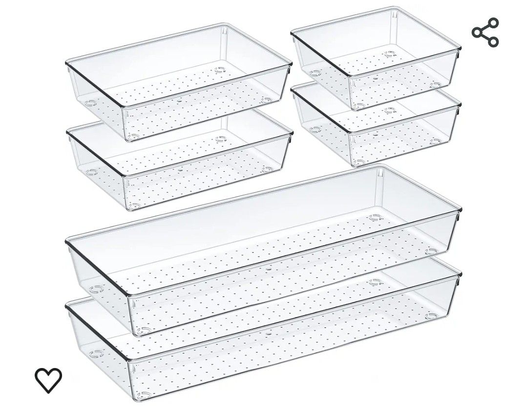 6 Pack Clear Plastic Drawer Organizer Set, Acrylic Non Slip Non Cracking Kitchen Drawer Storage Tray Large Size Divider, Multifunctional Storage for