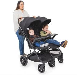 Joovy Kooper RS2 Lightweight Travel Double Stroller Featuring Dual Snack Trays, One-Handed Fold, Multi-Position Reclining Seats, Adjustable Leg Rests,