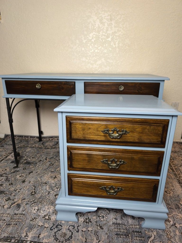French Blue Wood Desk & Nightstand Set / READ DESCRIPTION