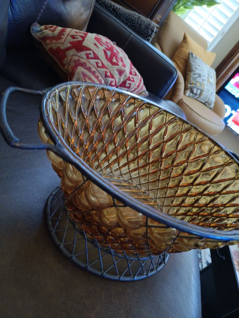 Vintage Amber Glass Diamond Weave Wrought Iron Basket