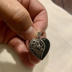 925 Sterling Silver Heart Locket Pendant Black Onyx & Marcasite