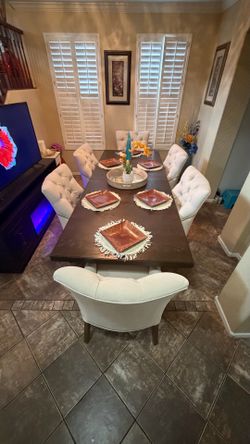 7-Piece Dark Wood Dining Set with Upholstered Chairs