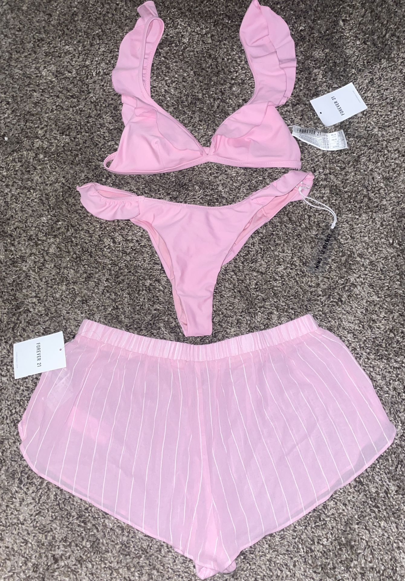 Brand New F21 Pink Ruffle Bikini With Cover Up Shorts