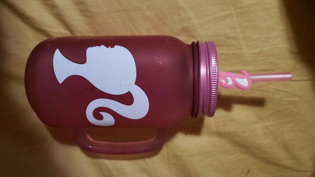 New mattel barbie head silhouette glass mason jar with lid and strawl