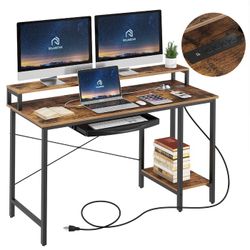 Rolanstar Computer Desk with Power Outlet, Keyboard Tray and Monitor Stand 55 Inch