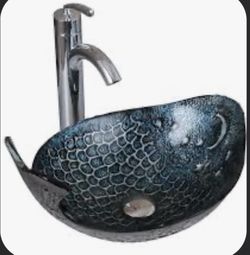 Blue Pacific whale tempered glass vessel sink