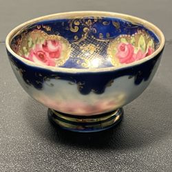 Nippon Japan Antique 1910s Cobalt Roses 24K Gold Small Pedestal Dish Bowl, 3x2”