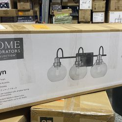 Home Decorators Collection Halyn 23 in. 3-Light Matte Black with Vintage Brass Bathroom Vanity Light Accents and Clear Glass Shades