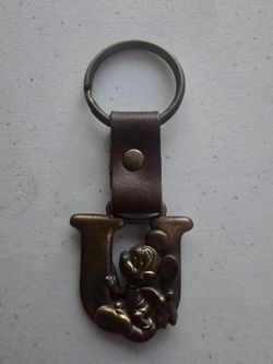 Vintage Disney Micky Mouse inicial U brass and leather  Keychain