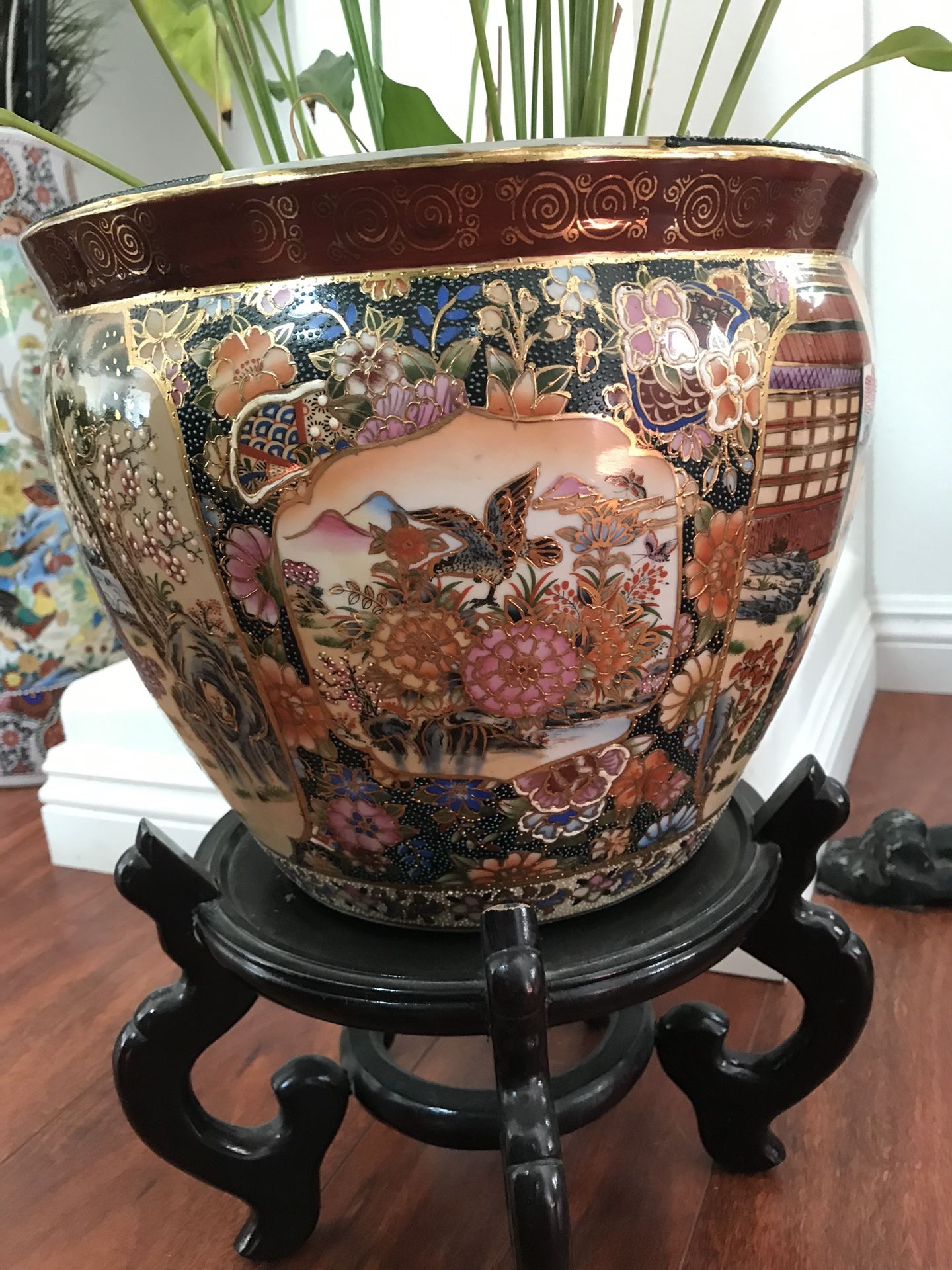 Antique Hand Painted Porcelain Large Bowl/ Pot
