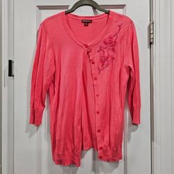 Merona Coral Pink Floral Embroidered Beaded Cardigan Sweater Medium