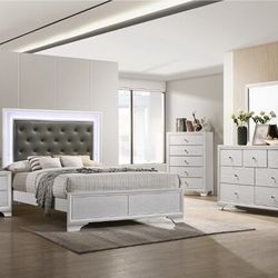 Brand New White LED Queen Bedframe + Dresser + Mirror + Nightstand 4PCs Set