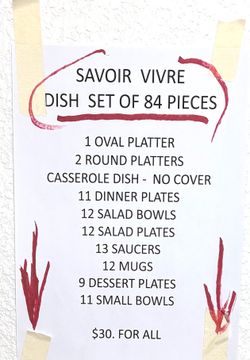 DISHES SAVOIR VIVRE LOT OF 84 PIECES GREAT CLEAN. CONDITION ASKING $30. FOR ALL TOGETHER