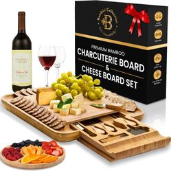 Bambüsi Charcuterie Cheese Board Set w/ Hidden Utensil Drawer – 13” Real Bamboo