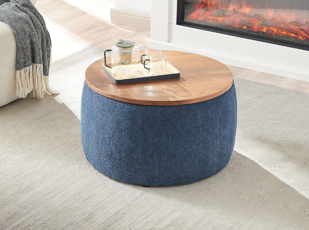 CDBBIB 25 Inch Round Storage Ottoman Coffee Table with Lid, Modern Living Room Storage Seat Small Ottoman, 2 in 1 Function, End Table and Foot Stool f