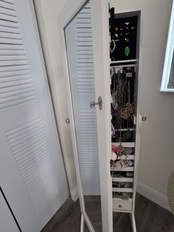 ewelry Cabinet with Full-Length Mirror, Standing Jewelry Armoire Organizer with 64 Earring Slots, 72 Ring Slots, 20 Necklace Hooks, 4 Storage Shelves,