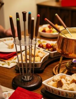 Vintage Mid Century Fondue Fork Set 6-Piece Carousel Stand Teak Wood Japan Boxed 12"