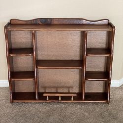 Vintage Dark Brown Wood Wall Shelf - Wooden Hanging Curio Butler