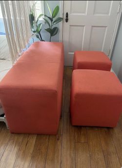 3-Piece Upholstered Ottoman Set – Terracotta/Burnt Orange