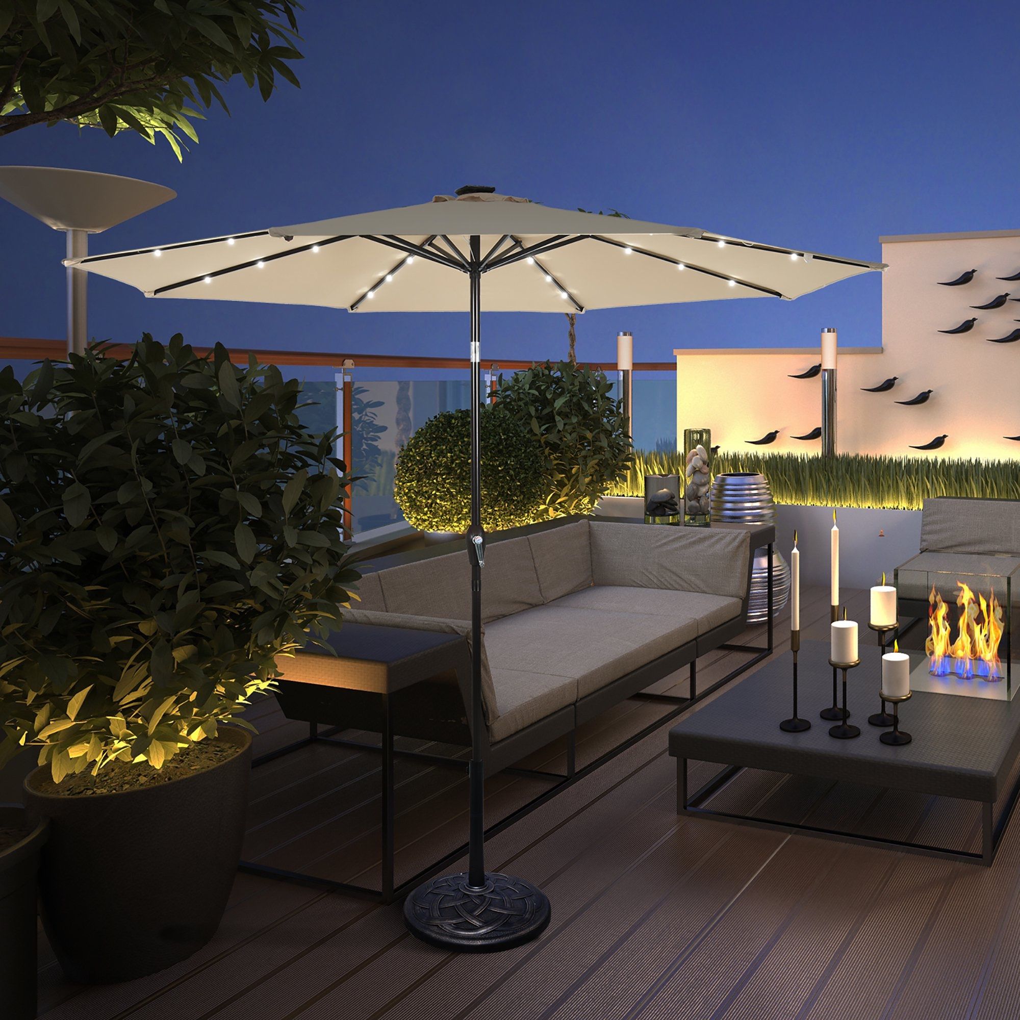 Costway Costway 10\' Solar LED Lighted Patio Market Umbrella Shade Tilt Adjustment Crank Tan