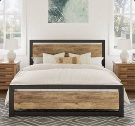 Wood and Black Metal Frame Bed with Headboard