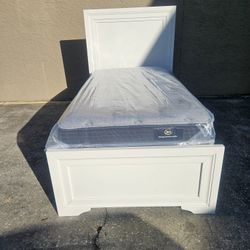 White Twin Size Solid Wood Bed Frame With Brand New Twin Size Plush Memory Foam Mattress And Box Spring In Plastic 