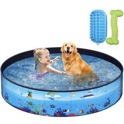 Foldable Dog Pool - Pet Pool with Pet Brush Chew Toy and Storage Bag - Portable Dog Bathing Tub for Large Small Dogs Kiddie Pool for Kids Toddler Two