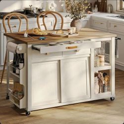 Kitchen Island on Wheels, with Storage, Drop Leaf, 2 Drawers, Spice Rack, Charging Station NEW