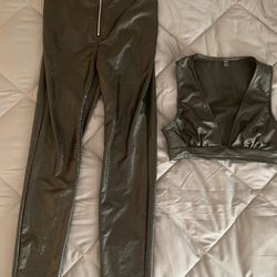 Shein Women's Black Faux Leather Bra Vest Crop Top & Pants set Size Small 6 New