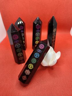 Sale! Natural Obsidian Crystal Tower With Chakra Symbols 4