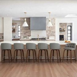 Set of 6 Swivel Bar Stools, 26" Counter Height PU Leather Bar Stool with Walnut Wooden Legs & Back,