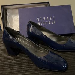 Stuart Weitzman Patent Leather Blue Block Heel Pump