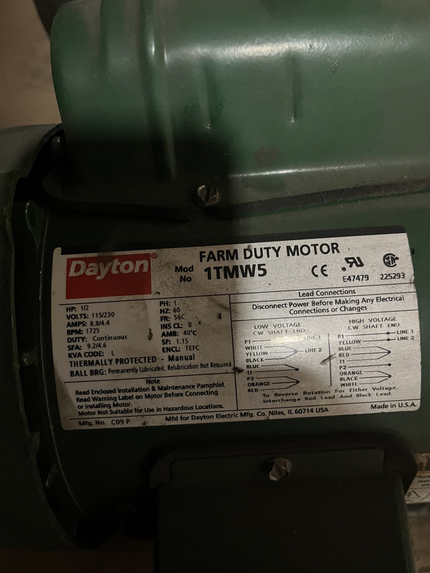 Dayton 1Tmw5 Capacitor-Start High Torque Farm Duty Motor, 1/2 Hp, 115/230V Ac