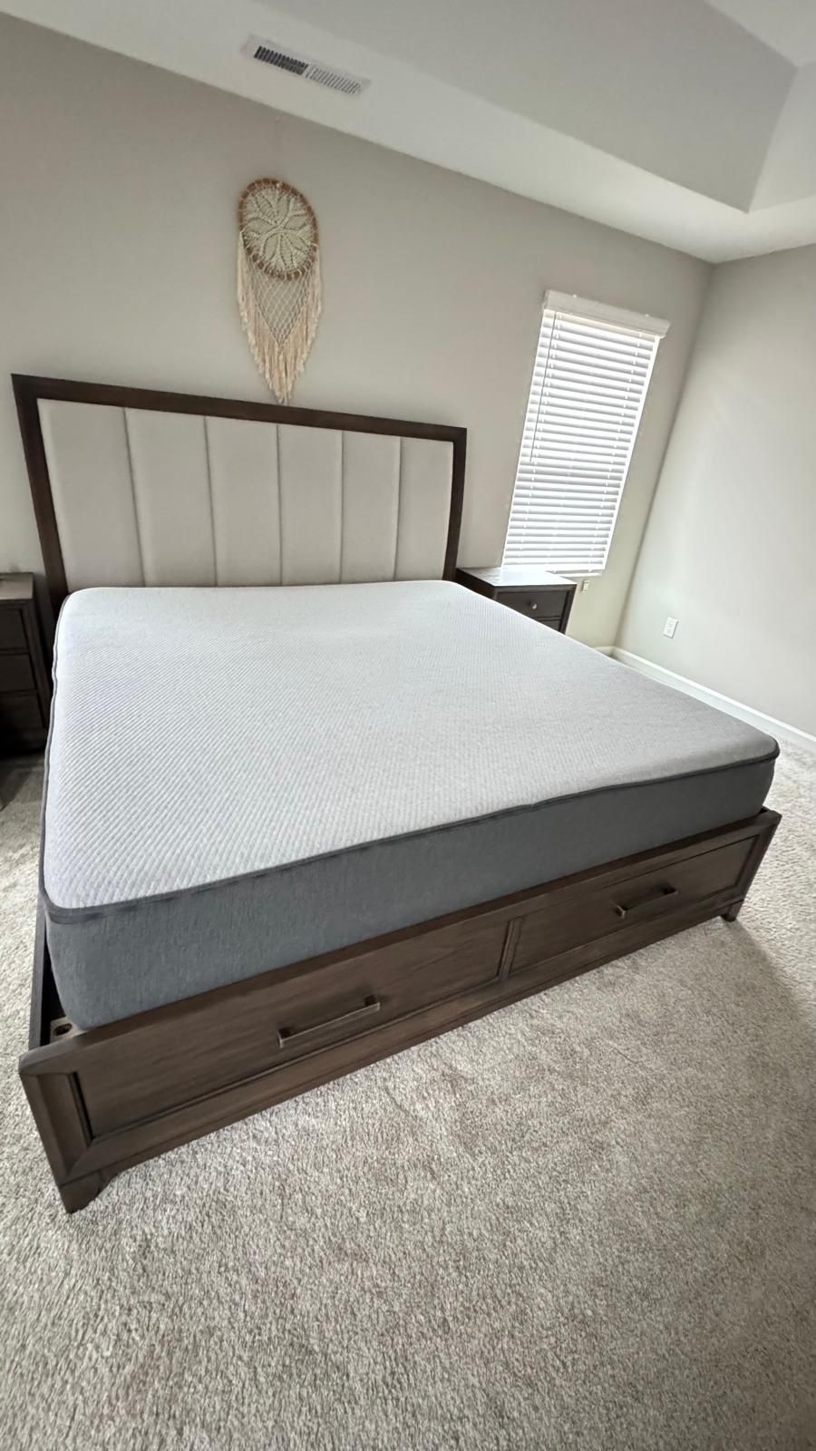 KING Bed Frame with Upholstered Headboard + Storage Drawers + Casper Matress