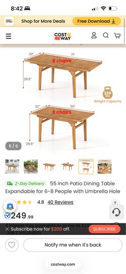 Expandable Acacia Wood Patio Dining Table